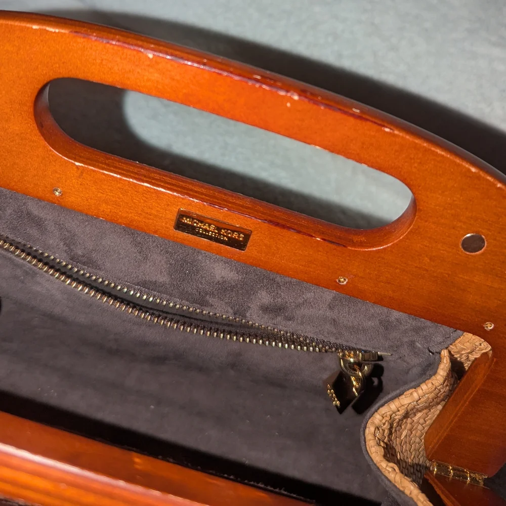 Michael Kors Collection  Tan and Brown Woven Clutch with Chain Accent - Picture 11 of 11